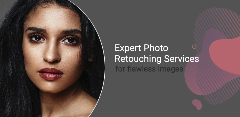 A woman with a slight smile is pictured next to text reading "Expert Photo Retouching Services for flawless images," over a gray background with abstract pink shapes, highlighting the exceptional quality of our photo retouching services.