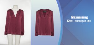 A maroon long-sleeve blouse is displayed on a ghost mannequin and as a standalone product image. The text on the right reads, "Maximizing Ghost mannequin use with expert product photo retouching services.