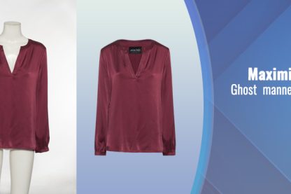 A maroon long-sleeve blouse is displayed on a ghost mannequin and as a standalone product image. The text on the right reads, "Maximizing Ghost mannequin use with expert product photo retouching services.