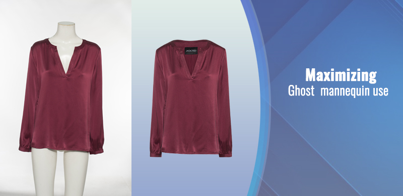 A maroon long-sleeve blouse is displayed on a ghost mannequin and as a standalone product image. The text on the right reads, "Maximizing Ghost mannequin use with expert product photo retouching services.