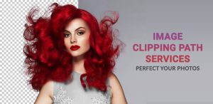 A woman with red hair stands against a white background, showcasing the text "image clipping path services.