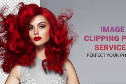 A woman with red hair stands against a white background, showcasing the text "image clipping path services.