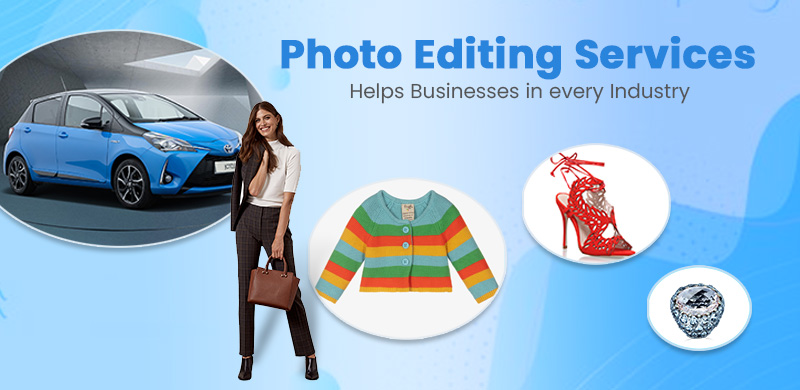 A vibrant collage highlights our expert photo editing services, featuring a sleek car, a woman with a chic bag, a colorful sweater, striking red high heels, and a dazzling diamond ring.